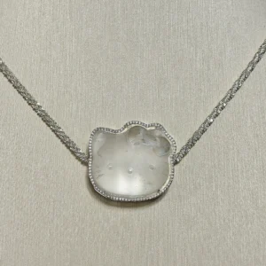 Clear Quartz · Ampification Hello Kitty Pendant — natural 23.9mm sculpted clear quartz with frosted finish and faceted details by Meruisa Crystal
