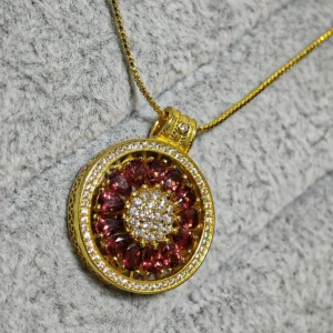 Garnet Guidance Pendant — natural Garnet compass pendant with zirconia outer ring and pave crystal center by Meruisa Crystal