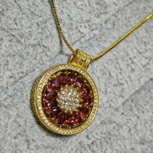 Garnet Guidance Pendant — natural Garnet compass pendant with zirconia outer ring and pave crystal center by Meruisa Crystal
