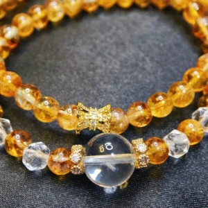 Double Wrap Golden Citrine & Clear Quartz Bracelet — double‑wrap bracelet with 11.7mm Clear Quartz crown, 6.3mm Golden Citrine beads, and faceted Clear Quartz accents by Meruisa Crystal