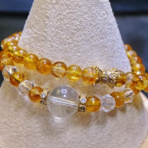 Double Wrap Golden Citrine & Clear Quartz Bracelet — double‑wrap bracelet with 11.7mm Clear Quartz crown, 6.3mm Golden Citrine beads, and faceted Clear Quartz accents by Meruisa Crystal