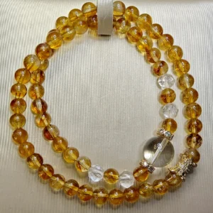 Double Wrap Golden Citrine & Clear Quartz Bracelet — double‑wrap bracelet with 11.7mm Clear Quartz crown, 6.3mm Golden Citrine beads, and faceted Clear Quartz accents by Meruisa Crystal