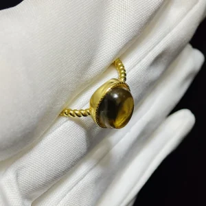 Natural honey-yellow oval cabochon Citrine set in gold-plated sterling silver ring by Meruisa Crystal