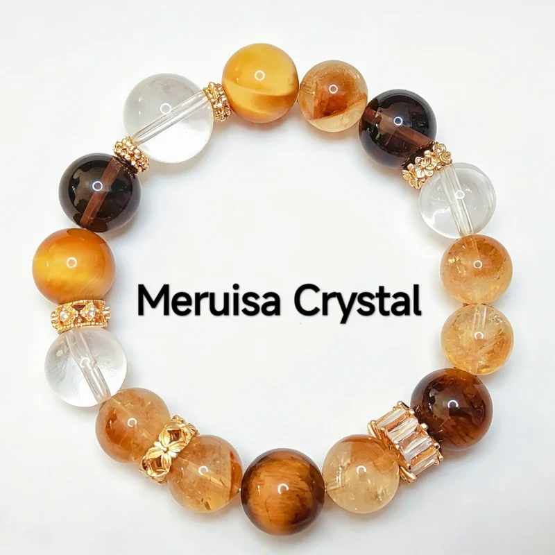 Prosperity & Confidance Bracelet — mixed Golden Citrine, Tiger's Eye, Smoky Quartz, Clear Quartz, and Golden Tiger's Eye beads with diamond-cut spacers and 14.2mm Clear Quartz crown by Meruisa Crystal