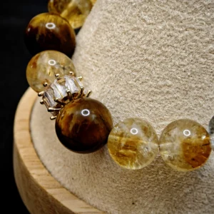 Prosperity & Confidance Bracelet — mixed Golden Citrine, Tiger's Eye, Smoky Quartz, Clear Quartz, and Golden Tiger's Eye beads with diamond-cut spacers and 14.2mm Clear Quartz crown by Meruisa Crystal