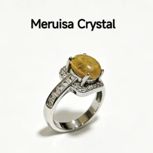 Home Golden Light Rutilated Quartz Prosperity Ring — natural cabochon Golden Rutilated Quartz with golden rutile strands set in sterling silver with square-cut accent stones by Meruisa Crystal