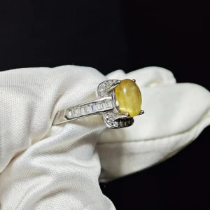 Golden Light Rutilated Quartz Prosperity Ring — natural cabochon Golden Rutilated Quartz with golden rutile strands set in sterling silver with square-cut accent stones by Meruisa Crystal