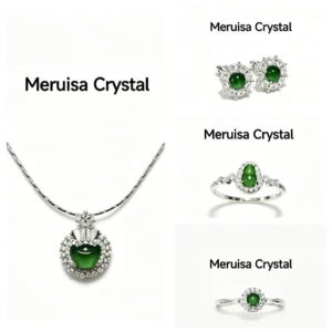 Green Fortune Collection Jadeite Jewelry Set — S925 silver 4-piece set with natural green jadeite and diamonds by Meruisa Crystal