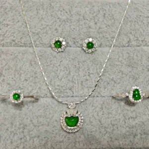 Green Fortune Collection Jadeite Jewelry Set — S925 silver 4-piece set with natural green jadeite and diamonds by Meruisa Crystal