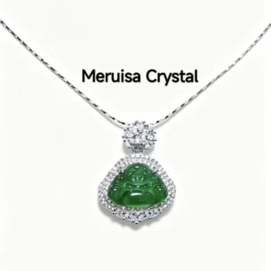 Green Jadeite Inner Peace & Blessing Buddha Pendant in sterling silver with full pavé zirconia halo by Meruisa Crystal