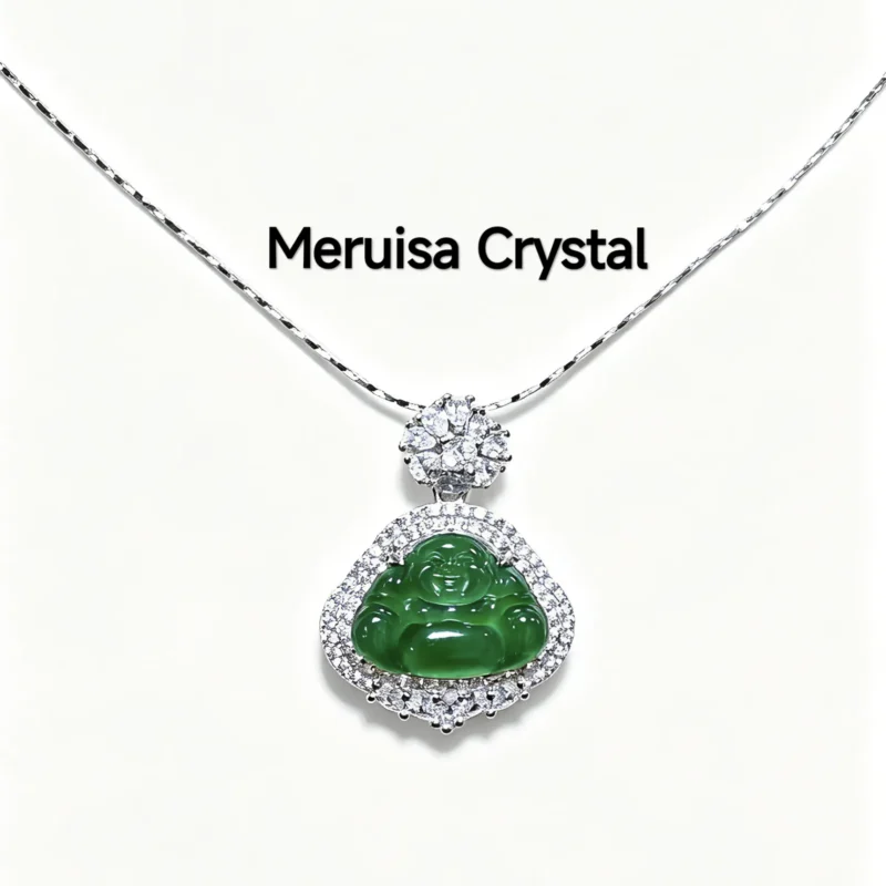 Green Jadeite Inner Peace & Blessing Buddha Pendant in sterling silver with full pavé zirconia halo by Meruisa Crystal