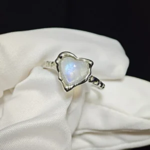 Blue Moonstone Intuition & Inner Peace Ring — natural heart-shaped Blue Moonstone set in sterling silver with an organic-texture band by Meruisa Crystal