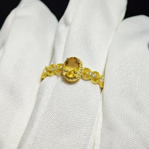 Natural brilliant-cut Citrine set in gold-plated sterling silver ring with lace-inspired filigree and pave accents by Meruisa Crystal