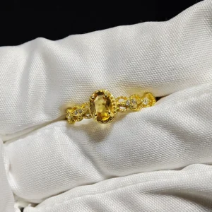 Natural brilliant-cut Citrine set in gold-plated sterling silver ring with lace-inspired filigree and pave accents by Meruisa Crystal