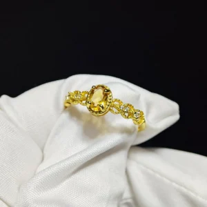 Natural brilliant-cut Citrine set in gold-plated sterling silver ring with lace-inspired filigree and pave accents by Meruisa Crystal