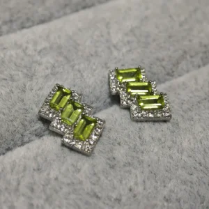 Peridot Stud Earrings — natural baguette-cut Peridot set in sterling silver with pave accents by Meruisa Crystal