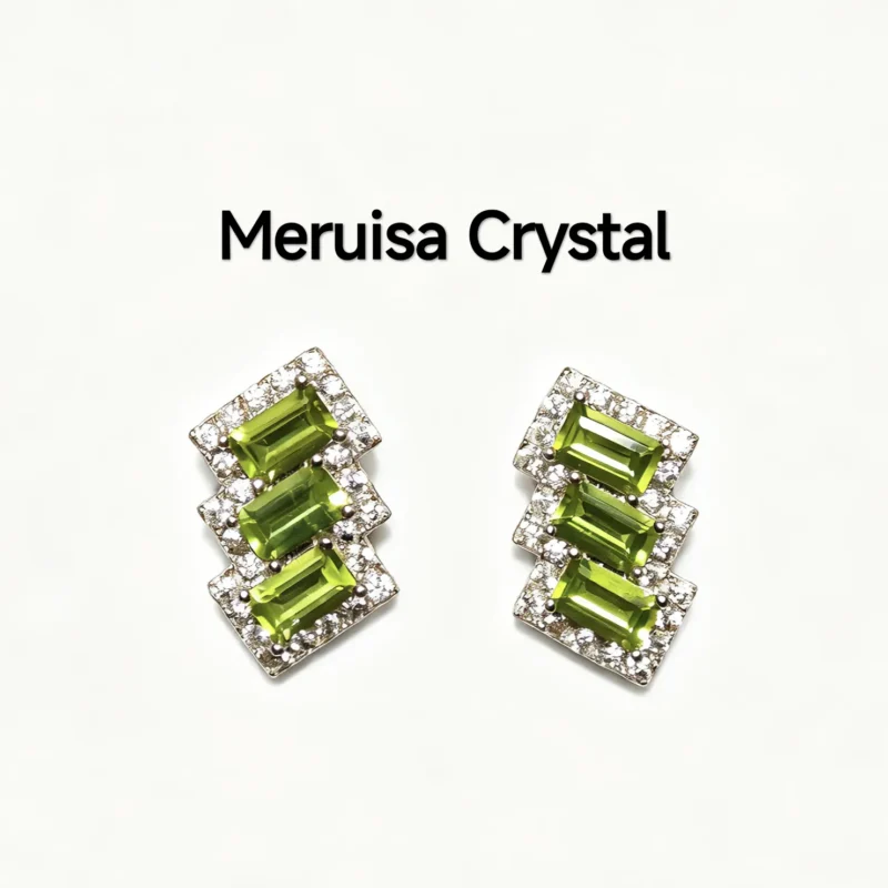 Peridot Stud Earrings — natural baguette-cut Peridot set in sterling silver with pave accents by Meruisa Crystal