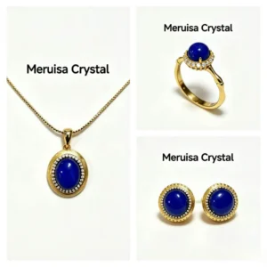 Solar Trilogy Lapis Lazuli Jewelry Set — gold-plated S925 silver ring, oval pendant, and stud earrings with natural lapis by Meruisa Crystal