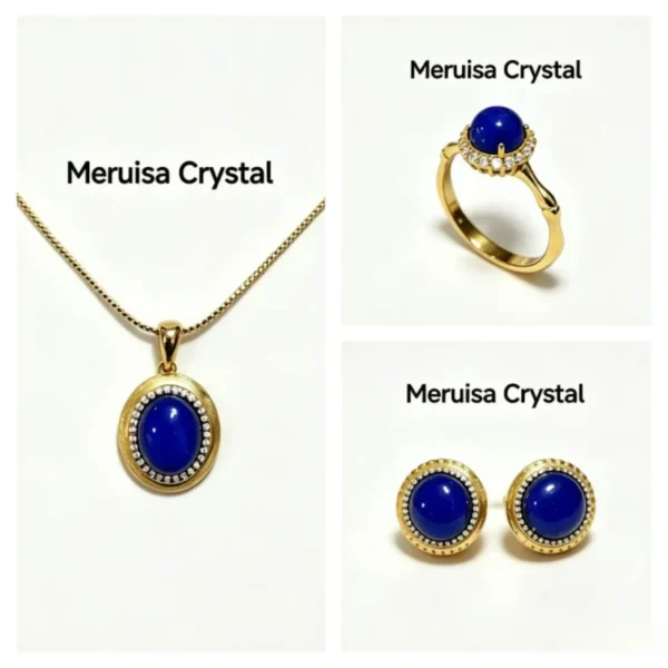 Solar Trilogy Lapis Lazuli Jewelry Set — gold-plated S925 silver ring, oval pendant, and stud earrings with natural lapis by Meruisa Crystal