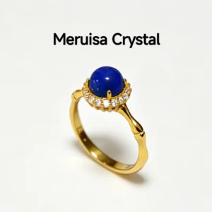 Lapis Lazuli Ring — gold‑plated sterling silver bamboo ring with natural lapis center and micro‑pave diamond halo by Meruisa Crystal
