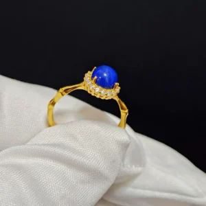 Lapis Lazuli Ring — gold‑plated sterling silver bamboo ring with natural lapis center and micro‑pave diamond halo by Meruisa Crystal