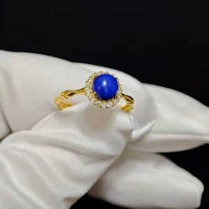 Lapis Lazuli Ring — gold‑plated sterling silver bamboo ring with natural lapis center and micro‑pave diamond halo by Meruisa Crystal