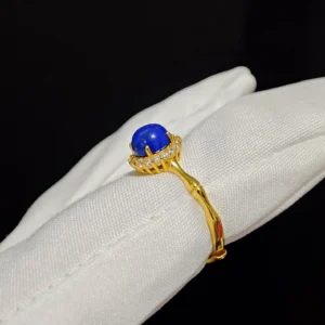 Lapis Lazuli Ring — gold‑plated sterling silver bamboo ring with natural lapis center and micro‑pave diamond halo by Meruisa Crystal