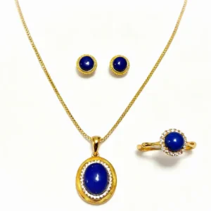 Solar Trilogy Lapis Lazuli Jewelry Set — gold-plated S925 silver ring, oval pendant, and stud earrings with natural lapis by Meruisa Crystal