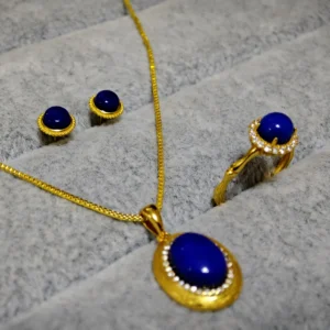 Solar Trilogy Lapis Lazuli Jewelry Set — gold-plated S925 silver ring, oval pendant, and stud earrings with natural lapis by Meruisa Crystal