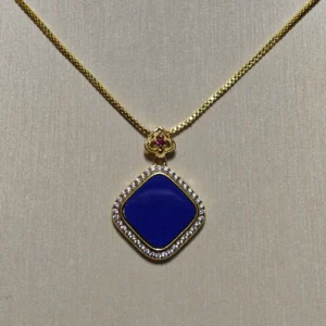 Sacred Geometry Lapis Lazuli Clarity Pendant/Necklace — polished square-cut natural Lapis Lazuli set in gold-plated sterling silver with pave accents by Meruisa Crystal