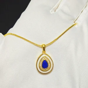 Mystic Tear Lapis Lazuli Waterdrop Pendant — waterdrop-cut natural Lapis Lazuli set in gold-tone frame with diamond halo and white resin outer layer by Meruisa Crystal