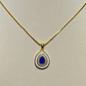 Mystic Tear Lapis Lazuli Waterdrop Pendant — waterdrop-cut natural Lapis Lazuli set in gold-tone frame with diamond halo and white resin outer layer by Meruisa Crystal