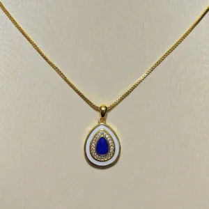 Mystic Tear Lapis Lazuli Waterdrop Pendant — waterdrop-cut natural Lapis Lazuli set in gold-tone frame with diamond halo and white resin outer layer by Meruisa Crystal