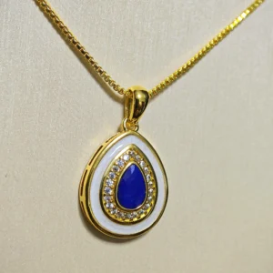 Mystic Tear Lapis Lazuli Waterdrop Pendant — waterdrop-cut natural Lapis Lazuli set in gold-tone frame with diamond halo and white resin outer layer by Meruisa Crystal