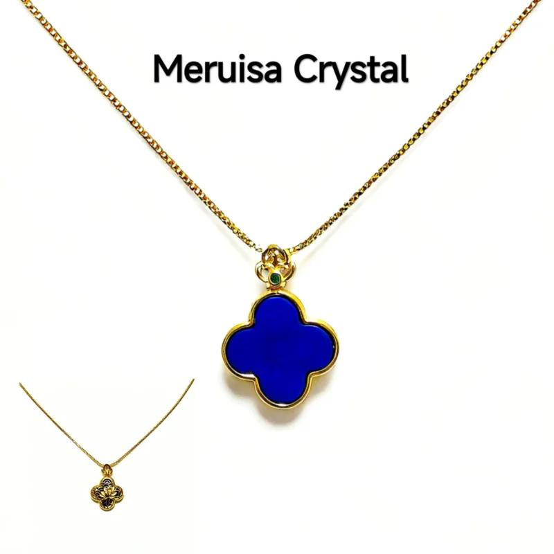 Lapis Lazuli Protection & Awakening Four-Leaf Clover Pendant/Necklace — double-sided natural Lapis with smooth clover front and engraved lotus reverse by Meruisa Crystal Lapis Lazuli · Protection & Awakening Four-Leaf Clover Pendant