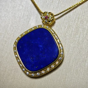 Lapis Lazuli Protection & Intuition Talisman Pendant — natural Lapis Lazuli tablet set in gold-plated frame with pave accents by Meruisa Crystal