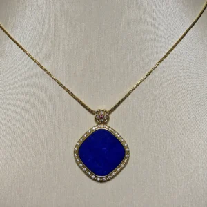Lapis Lazuli Protection & Intuition Talisman Pendant — natural Lapis Lazuli tablet set in gold-plated frame with pave accents by Meruisa Crystal