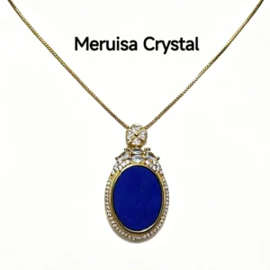 Lapis Lazuli Talisman Pendant — natural oval polished Lapis Lazuli tablet set in gold-plated bezel with micro-pave accents and stone cluster crown by Meruisa Crystal