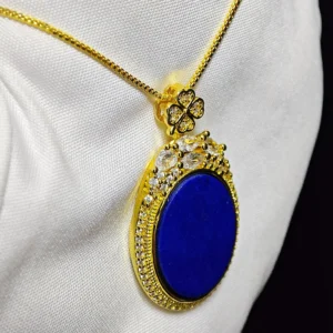 Lapis Lazuli Talisman Pendant — natural oval polished Lapis Lazuli tablet set in gold-plated bezel with micro-pave accents and stone cluster crown by Meruisa Crystal