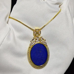 Lapis Lazuli Talisman Pendant — natural oval polished Lapis Lazuli tablet set in gold-plated bezel with micro-pave accents and stone cluster crown by Meruisa Crystal