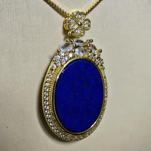 Lapis Lazuli Talisman Pendant — natural oval polished Lapis Lazuli tablet set in gold-plated bezel with micro-pave accents and stone cluster crown by Meruisa Crystal