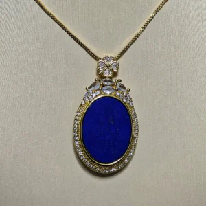 Lapis Lazuli Talisman Pendant — natural oval polished Lapis Lazuli tablet set in gold-plated bezel with micro-pave accents and stone cluster crown by Meruisa Crystal