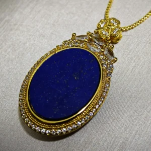 Lapis Lazuli Talisman Pendant — natural oval polished Lapis Lazuli tablet set in gold-plated bezel with micro-pave accents and stone cluster crown by Meruisa Crystal