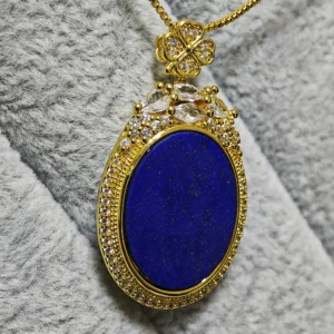 Lapis Lazuli Talisman Pendant — natural oval polished Lapis Lazuli tablet set in gold-plated bezel with micro-pave accents and stone cluster crown by Meruisa Crystal
