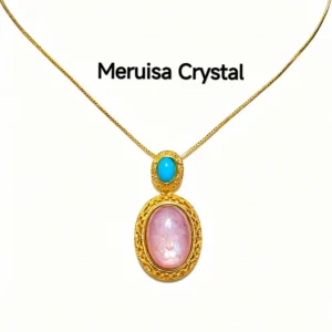 Lepidolite · Serenity Blue Apatite Pendant — 19.7mm natural Lepidolite cabochon in openwork gold-tone frame with Blue Apatite accent by Meruisa Crystal