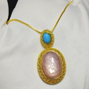 Lepidolite · Serenity Blue Apatite Pendant — 19.7mm natural Lepidolite cabochon in openwork gold-tone frame with Blue Apatite accent by Meruisa Crystal