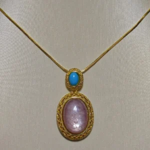 Lepidolite · Serenity Blue Apatite Pendant — 19.7mm natural Lepidolite cabochon in openwork gold-tone frame with Blue Apatite accent by Meruisa Crystal