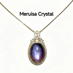 Lepidolite Serenity & Calm Pendant — natural 20.8×29.4mm Lepidolite tablet with mica shimmer set in gold-plated bezel with pave accents by Meruisa Crysta