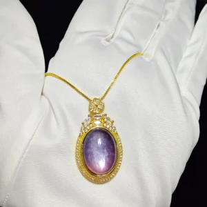Lepidolite Serenity & Calm Pendant — natural 20.8×29.4mm Lepidolite tablet with mica shimmer set in gold-plated bezel with pave accents by Meruisa Crysta
