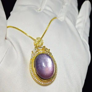 Lepidolite Serenity & Calm Pendant — natural 20.8×29.4mm Lepidolite tablet with mica shimmer set in gold-plated bezel with pave accents by Meruisa Crysta